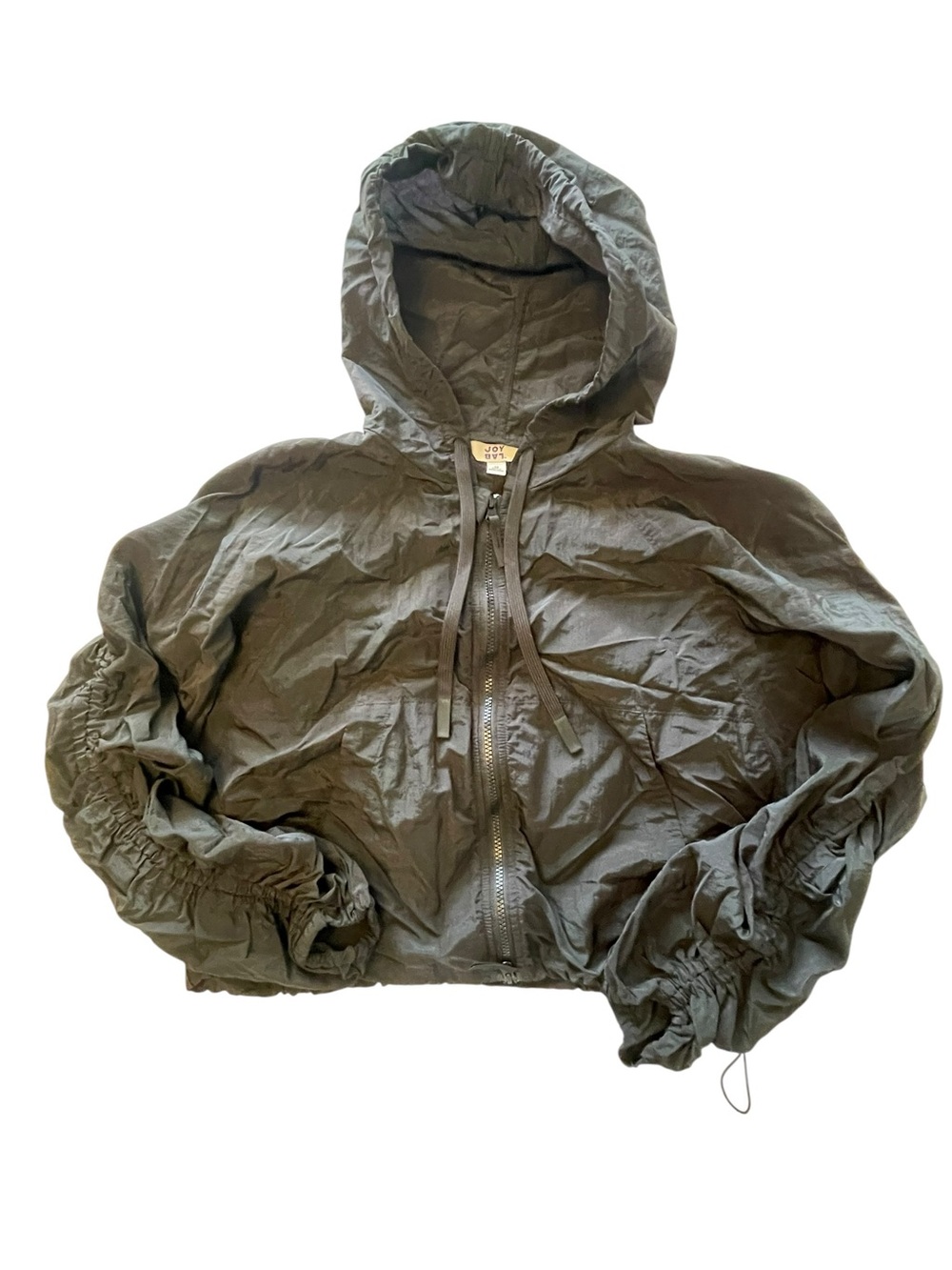 Black Cropped Ruched Sleeve Lightweight Hooded Zip Parachute Jacket with Pockets